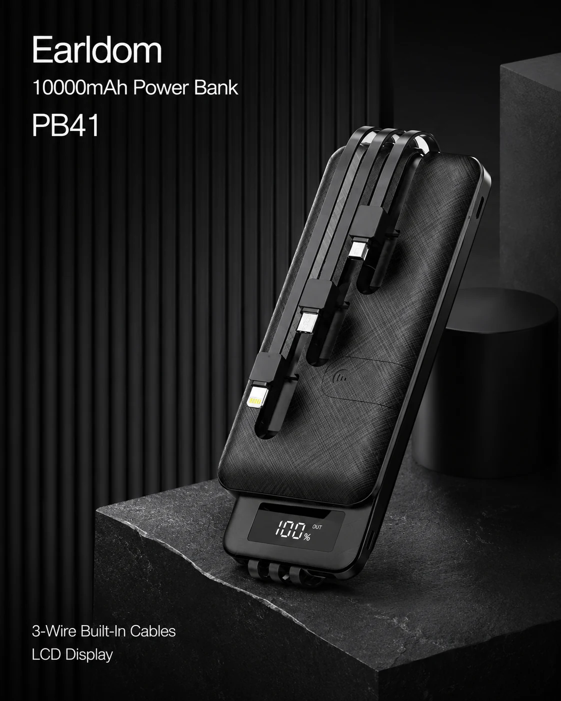 Earldom PB41 10000mAh Power Bank with 3 Built-In Cables & LCD Display